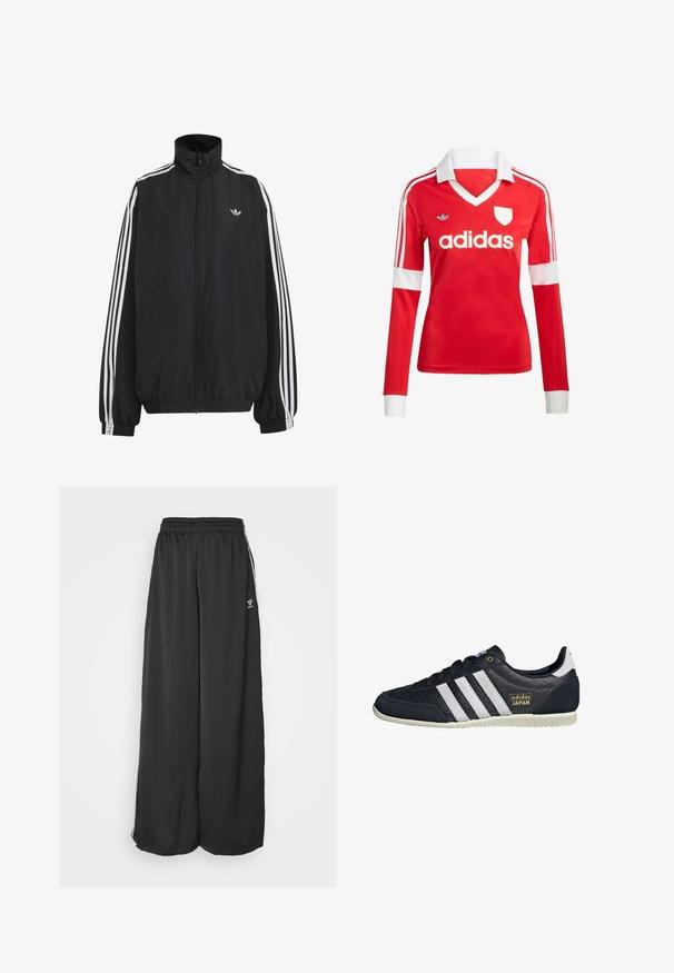 Schwarze Adidas Trainingsjacke mit weißen drei Streifen entlang der Ärmel, durchgehendem Frontreißverschluss, elastischen Bündchen und kleinem Trefoil-Logo auf der Brust.; Rotes Fußballtrikot mit langen Ärmeln, weißem Kragen und weißen Ärmelbündchen. Es hat drei weiße Streifen auf den Schultern und das "adidas"-Logo ist auffällig platziert.; Schwarze, locker sitzende Jogginghosen aus glattem Material. Mit elastischem Bund und seitlichen Streifen mit Logo-Akzenten.; Schwarze Leder-Sneaker mit drei weißen Streifen, strukturierter Oberfläche, goldenem "adidas JAPAN"-Logo und einer gummierten Sohle mit Grip-Muster.