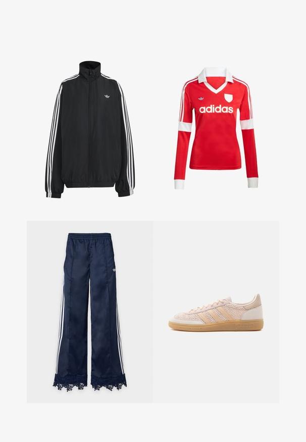 Μαύρο αθλητικό μπουφάν Adidas με λευκές τρεις ρίγες κατά μήκος των μανικιών, πλήρες φερμουάρ μπροστά, ελαστικά μανσέτες και μικρό λογότυπο trefoil στο στήθος.; Κόκκινη ποδοσφαιρική φανέλα με μακριά μανίκια, λευκό γιακά και μανσέτες. Διαθέτει τρεις λευκές ρίγες στους ώμους και το λογότυπο "adidas" εμφανώς τοποθετημένο.; Ναυτικό μπλε παντελόνες φόρμας με φαρδύ μπατζάκι, λευκές ρίγες πλαϊνές, ελαστική μέση, λογότυπο adidas στο ισχίο και δαντέλα στο κάτω μέρος.; Μπεζ αθλητικό παπούτσι Adidas χαμηλού προφίλ με επάνω μέρος από υφαντό ύφασμα, σόλα από καουτσούκ χρώματος φυσικού και τρεις χαρακτηριστικές ρίγες στο πλάι.