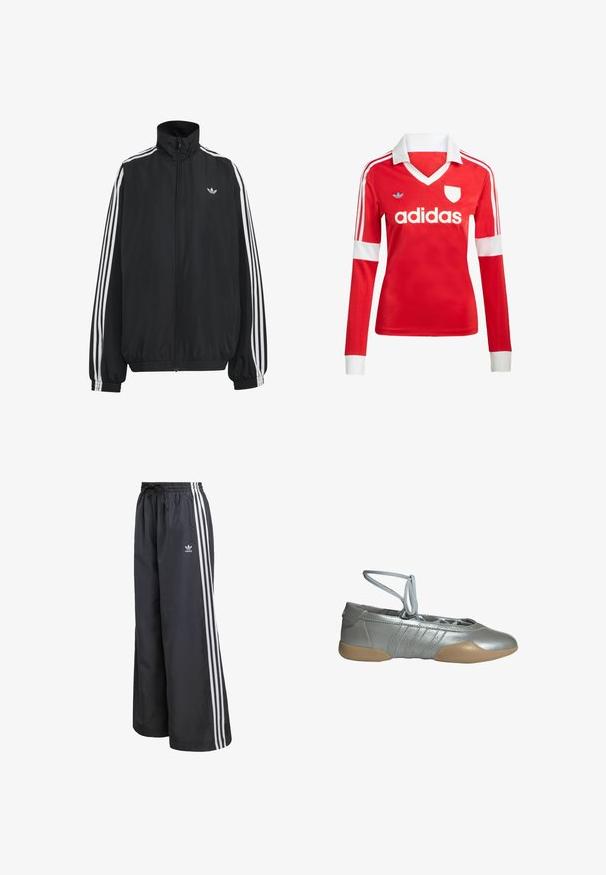 Čierna Adidas športová bunda s bielymi tromi pásikmi po celej dĺžke rukávov, so zipsom po celej prednej časti, elastickými manžetami a malým logom trefolo na hrudi.; Červený futbalový dres s dlhým rukávom a bielym golierom a manžetami. Na ramenách sú tri biele pruhy a výrazne zobrazené logo "adidas".; Čierne športové nohavice z ľahkého materiálu, s tromi bielymi vertikálnymi pruhmi a elastickým pásom so sťahovacou šnúrkou.; Strieborná baletná balerína s béžovou gumovou podrážkou a viazaním okolo členka, navrhnutá pre ľahké pohodlie a pružné prispôsobenie.