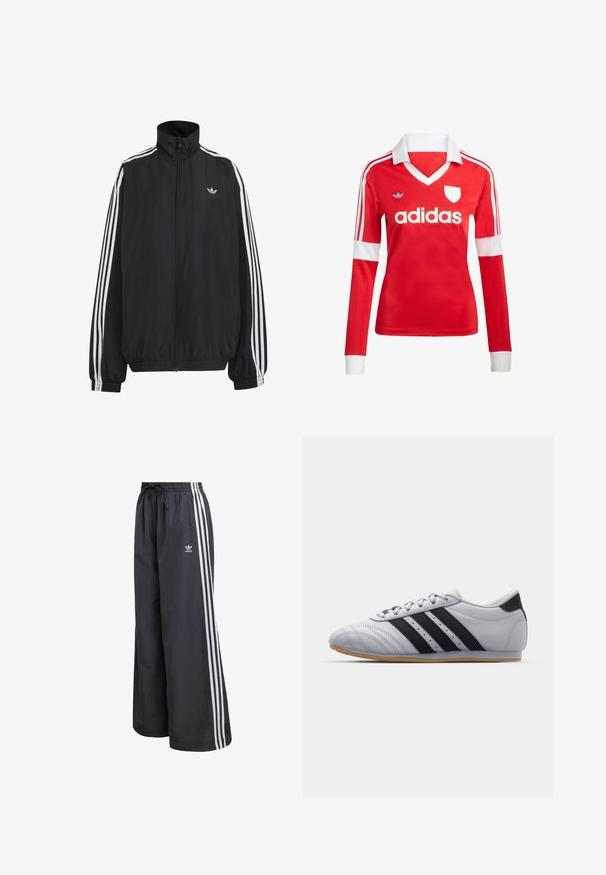 Schwarze Adidas Trainingsjacke mit weißen drei Streifen entlang der Ärmel, durchgehendem Frontreißverschluss, elastischen Bündchen und kleinem Trefoil-Logo auf der Brust.; Rotes Fußballtrikot mit langen Ärmeln, weißem Kragen und weißen Ärmelbündchen. Es hat drei weiße Streifen auf den Schultern und das "adidas"-Logo ist auffällig platziert.; Schwarze Sporthose aus leichtem Material, mit drei weißen vertikalen Streifen und einem elastischen Bund mit Kordelzug.; Graue Sportschuhe mit einer glatten Lederoberfläche, ausgestattet mit drei schwarzen Streifen, einer abgerundeten Zehenpartie und einer Sohle aus Gummi.