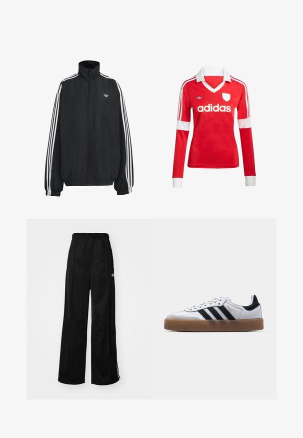 Sort Adidas træningsjakke med hvide tre striber langs ærmerne, fuld lynlås foran, elastiske manchetter og lille trefoil-logo på brystet.; Rød langærmet fodboldtrøje med hvid krave og manchetter. Har tre hvide striber på skuldrene og "adidas" logoet fremtrædende vist.; Sorte brede træningsbukser med elastisk talje, prydet med hvide side-striber og et lille logo på venstre hofte. Glat stofstruktur.; Hvide lædersneakers med sorte striber, gummirubber sål, rund tå, snørelukning og blød grå ruskinds tåhætte.
