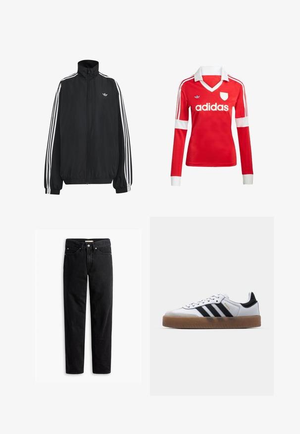 Veste de survêtement Adidas noire avec trois bandes blanches le long des manches, fermeture éclair frontale complète, poignets élastiques et petit logo trèfle sur la poitrine.; Maillot de football à manches longues rouge avec un col et des poignets blancs. Présente trois rayures blanches sur les épaules et le logo "adidas" affiché en évidence.; Jeans noirs à jambe droite avec fermeture à bouton et à zip, passants de ceinture et poches avant et arrière, présentés à plat sur un fond blanc.; Baskets en cuir blanc avec des rayures noires, semelle extérieure en caoutchouc beige, bout rond, fermeture lacée et embout en suède gris doux.