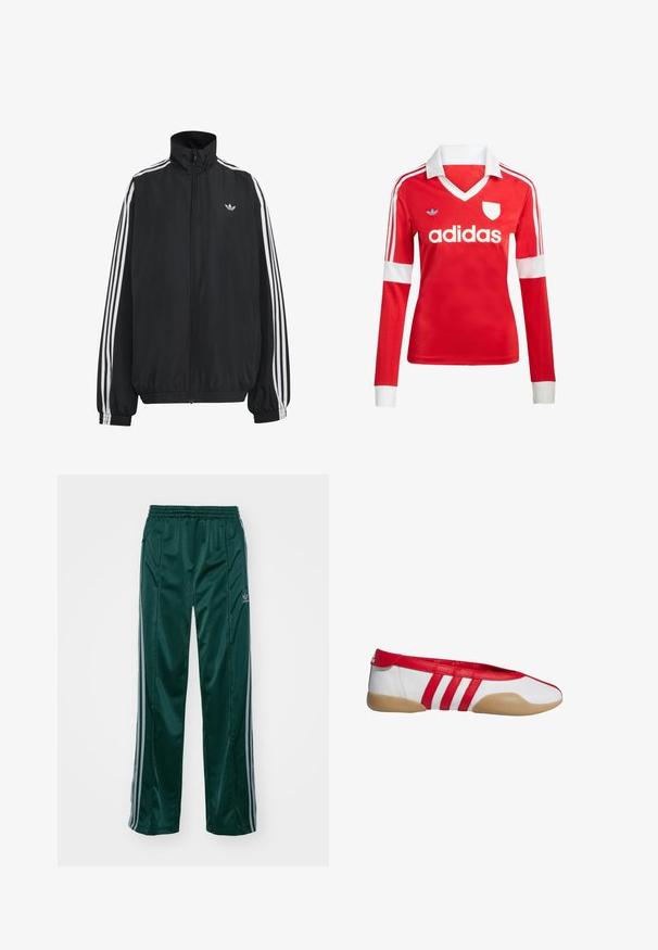 Must Adidas dressipluus valgete kolmekümnendate triipudega varrukatel, täispikk esilukk, elastsed varrukaservad ja väike trefoil logo rinnal.; Punane pikade varrukatega jalgpallipluus valge krae ja varrukateotstega. Omab kolme valget triipu õlgadel ja väljapaistvat "adidas" logo.; Tumedad roheline sportpants, mis on valmistatud läikivast materjalist, külgedel on heledates hallides triipudes ja vasakul jalal on broderdatud logo.; Punane ja valge madala kontsaga king ümarate varbavahetega, valmistatud siledast sünteetilisest materjalist. Omaduseks on kolm punast triipu ja beež kummist tald.