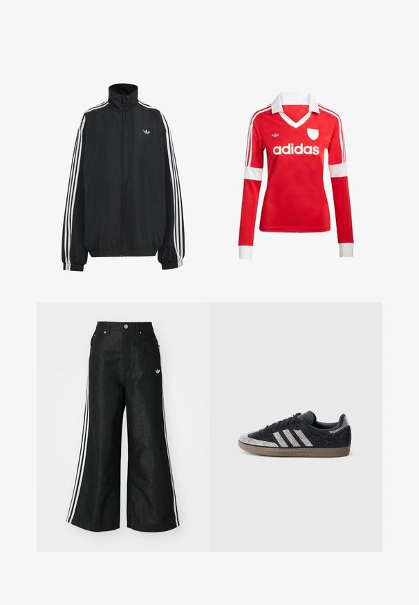 Čierna Adidas športová bunda s bielymi tromi pásikmi po celej dĺžke rukávov, so zipsom po celej prednej časti, elastickými manžetami a malým logom trefolo na hrudi.; Červený futbalový dres s dlhým rukávom a bielym golierom a manžetami. Na ramenách sú tri biele pruhy a výrazne zobrazené logo "adidas".; Čierne džínsy s širokým strihom, s tromi bielymi pruhmi po stranách a malým bielym logom. Obsahujú predné vrecká a zapínanie na gombík.; Čierna teniska s lesklými striebornými akcentmi a tromi bielymi pruhmi. Má nízky strih, textúrovaný zvršok a hnedú gumovú podrážku.