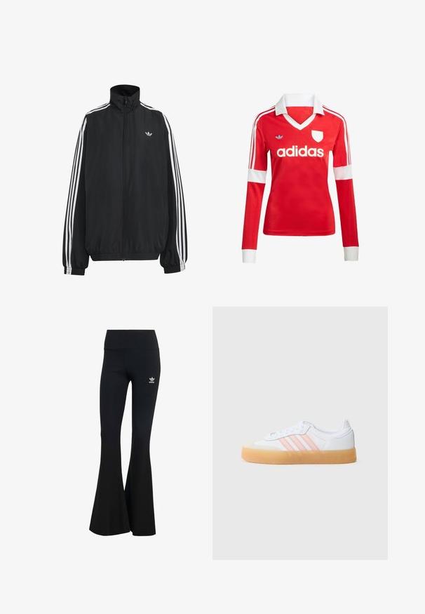 Čierna Adidas športová bunda s bielymi tromi pásikmi po celej dĺžke rukávov, so zipsom po celej prednej časti, elastickými manžetami a malým logom trefolo na hrudi.; Červený futbalový dres s dlhým rukávom a bielym golierom a manžetami. Na ramenách sú tri biele pruhy a výrazne zobrazené logo "adidas".; Čierne rebrované legíny s rozšírenými nohavicami a širokým pásom, s malým bielym logom Adidas na hornej ľavej strane. Mäkkučký textilný materiál.; Biele tenisky s ružovými pruhmi, gumovou podrážkou a semišovou špičkou. Majú šnurovanie a textúrované materiály na vrchnej časti.