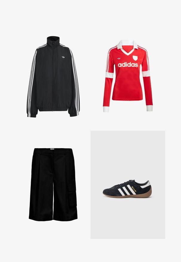 Veste de survêtement Adidas noire avec trois bandes blanches le long des manches, fermeture éclair frontale complète, poignets élastiques et petit logo trèfle sur la poitrine.; Maillot de football à manches longues rouge avec un col et des poignets blancs. Présente trois rayures blanches sur les épaules et le logo "adidas" affiché en évidence.; Short cargo noir longueur genou avec passants de ceinture et une grande poche côté droit sur fond blanc.; Baskets en daim noir avec trois bandes blanches, semelle en caoutchouc beige, et un petit logo doré sur le côté. Dotées d'une doublure intérieure noire lisse.