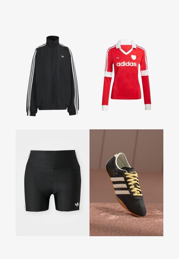 Čierna Adidas športová bunda s bielymi tromi pásikmi po celej dĺžke rukávov, so zipsom po celej prednej časti, elastickými manžetami a malým logom trefolo na hrudi.; Červený futbalový dres s dlhým rukávom a bielym golierom a manžetami. Na ramenách sú tri biele pruhy a výrazne zobrazené logo "adidas".; Čierne športové šortky z elastickej tkaniny s vysokým pásom. Obsahujú biele bočné pruhy a malé biele logo na leme.; Čierna atletická obuv s tromi bielymi pruhmi, žltými šnúrkami a textúrovaným povrchom. Má zakrivený dizajn a gumenú podrážku.