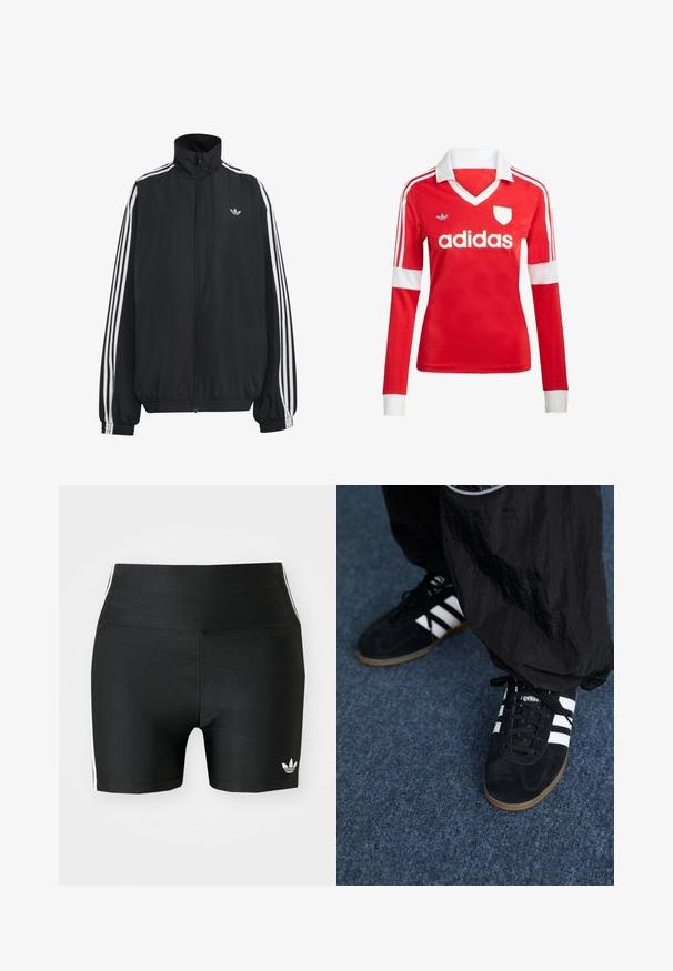 Čierna Adidas športová bunda s bielymi tromi pásikmi po celej dĺžke rukávov, so zipsom po celej prednej časti, elastickými manžetami a malým logom trefolo na hrudi.; Červený futbalový dres s dlhým rukávom a bielym golierom a manžetami. Na ramenách sú tri biele pruhy a výrazne zobrazené logo "adidas".; Čierne športové šortky z elastickej tkaniny s vysokým pásom. Obsahujú biele bočné pruhy a malé biele logo na leme.; Čierne roháčiky z semišu so tromi bielymi pruhmi a čiernymi šnúrkami. Texturované čierne nohavice sú čiastočne viditeľné vedľa topánok.