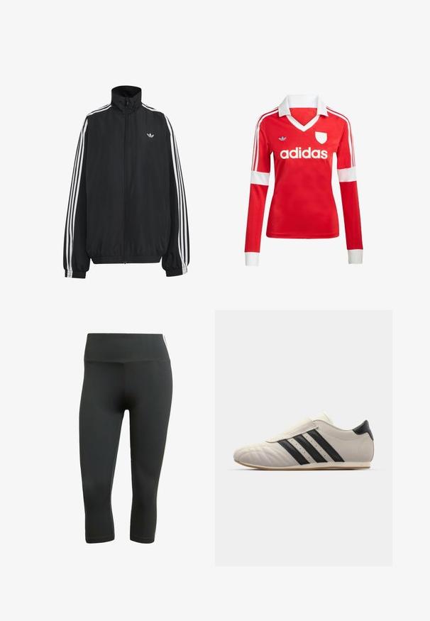 Čierna Adidas športová bunda s bielymi tromi pásikmi po celej dĺžke rukávov, so zipsom po celej prednej časti, elastickými manžetami a malým logom trefolo na hrudi.; Červený futbalový dres s dlhým rukávom a bielym golierom a manžetami. Na ramenách sú tri biele pruhy a výrazne zobrazené logo "adidas".; Čierne kapri legíny vyrobené z elastického materiálu, s širokým pásom a bielymi bočnými pruhmi pre kontrast a detail.; Svetlošedé tenisky s čiernymi pruhmi, okrúhla špička, hladký kožený zvršok, uzatváranie na suchý zips a gumová podrážka.