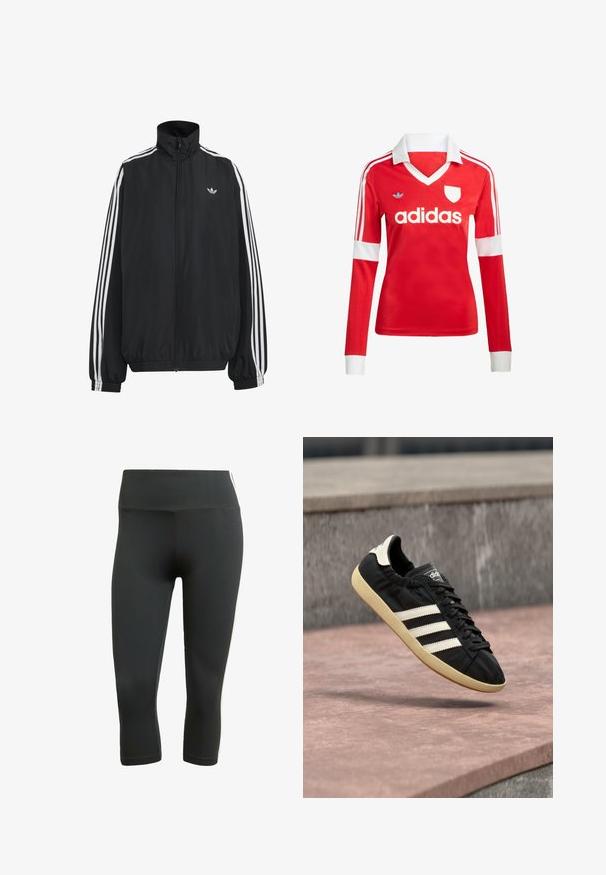Čierna Adidas športová bunda s bielymi tromi pásikmi po celej dĺžke rukávov, so zipsom po celej prednej časti, elastickými manžetami a malým logom trefolo na hrudi.; Červený futbalový dres s dlhým rukávom a bielym golierom a manžetami. Na ramenách sú tri biele pruhy a výrazne zobrazené logo "adidas".; Čierne kapri legíny vyrobené z elastického materiálu, s širokým pásom a bielymi bočnými pruhmi pre kontrast a detail.; Čierna teniska Adidas s bielymi pruhmi a béžovou podrážkou, zachytená vo vzduchu nad kamenným povrchom a kamennou stenou v pozadí.