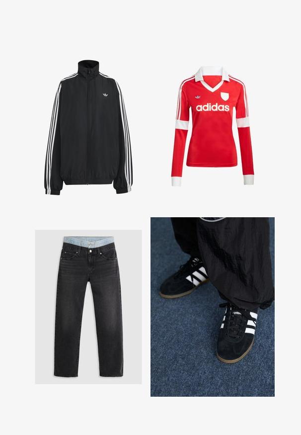 Čierna Adidas športová bunda s bielymi tromi pásikmi po celej dĺžke rukávov, so zipsom po celej prednej časti, elastickými manžetami a malým logom trefolo na hrudi.; Červený futbalový dres s dlhým rukávom a bielym golierom a manžetami. Na ramenách sú tri biele pruhy a výrazne zobrazené logo "adidas".; Čierne džíny z denimu so strižou rovného nohavicu, s pásom z svetlého denimu. Tkanina má jemnú textúru so slabým vyblednutím.; Čierne roháčiky z semišu so tromi bielymi pruhmi a čiernymi šnúrkami. Texturované čierne nohavice sú čiastočne viditeľné vedľa topánok.