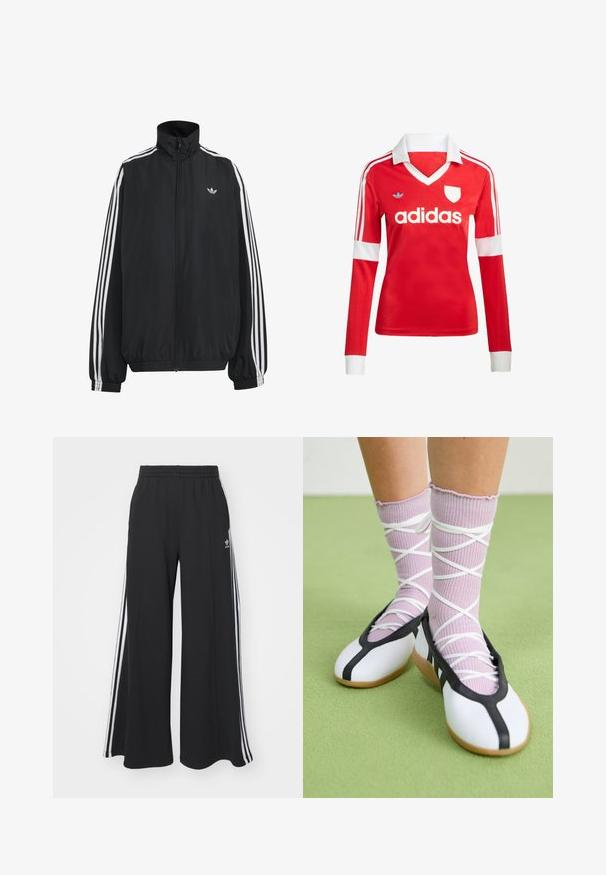 Sort Adidas træningsjakke med hvide tre striber langs ærmerne, fuld lynlås foran, elastiske manchetter og lille trefoil-logo på brystet.; Rød langærmet fodboldtrøje med hvid krave og manchetter. Har tre hvide striber på skuldrene og "adidas" logoet fremtrædende vist.; Sorte bukser med vide ben og elastik i taljen, med tre hvide striber langs ydersiderne og et lille logo foran.; Ben iført ribbet lilla sokker med hvide krydsede stropper kombineret med hvide balletsko med sort kant på grøn gulv.