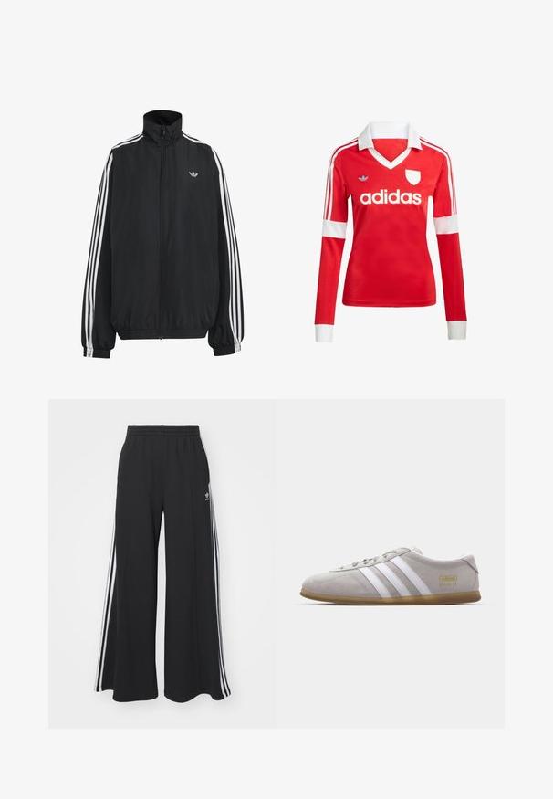 Sort Adidas træningsjakke med hvide tre striber langs ærmerne, fuld lynlås foran, elastiske manchetter og lille trefoil-logo på brystet.; Rød langærmet fodboldtrøje med hvid krave og manchetter. Har tre hvide striber på skuldrene og "adidas" logoet fremtrædende vist.; Sorte bukser med vide ben og elastik i taljen, med tre hvide striber langs ydersiderne og et lille logo foran.; Grå suedestøvle med hvide læderstriber og guldlogo-detalje. Flad gummisål, rund tå og klassisk snølukkedesign.