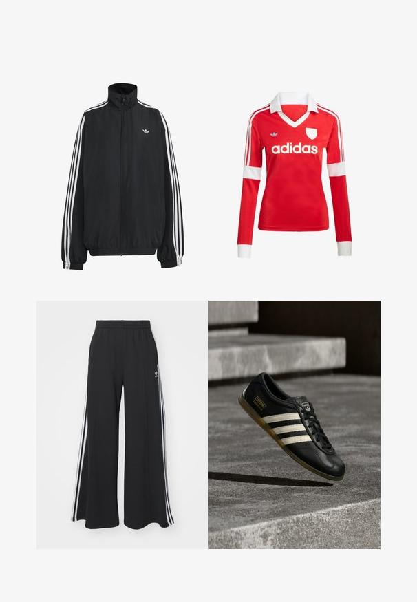 Čierna Adidas športová bunda s bielymi tromi pásikmi po celej dĺžke rukávov, so zipsom po celej prednej časti, elastickými manžetami a malým logom trefolo na hrudi.; Červený futbalový dres s dlhým rukávom a bielym golierom a manžetami. Na ramenách sú tri biele pruhy a výrazne zobrazené logo "adidas".; Čierne nohavice s širokými nohavicami a elastickým pásom, s tromi bielymi pruhmi po vonkajších stranách a malým logom vpredu.; Čierna kožená teniska s bielym dizajnom troch pruhov, textúrovanými detailmi, čiernymi šnúrkami a gumovou podrážkou. Logo značky viditeľné na jazyku.