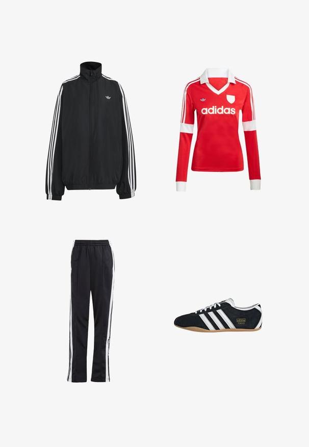 Čierna Adidas športová bunda s bielymi tromi pásikmi po celej dĺžke rukávov, so zipsom po celej prednej časti, elastickými manžetami a malým logom trefolo na hrudi.; Červený futbalový dres s dlhým rukávom a bielym golierom a manžetami. Na ramenách sú tri biele pruhy a výrazne zobrazené logo "adidas".; Čierne tepláky so bielymi bočnými pruhmi, elastickým pásom a logom. Vyrobené z hladkej, ľahkej tkaniny. Rovný strih.; Čierne semišové tenisky s bielymi tromi pruhmi, zlatým logom a hnedou gumovou podrážkou. Disponujú nízkym šnurovacím dizajnom.