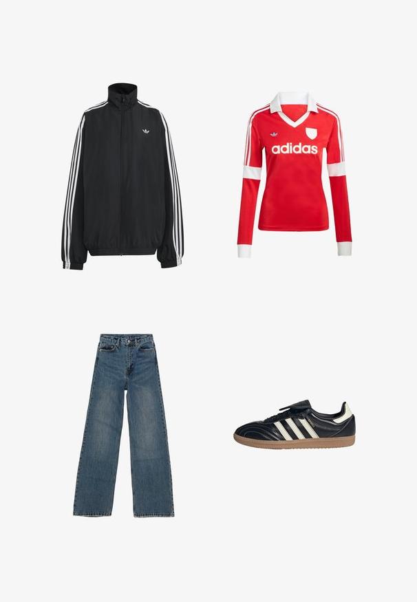 Zwarte Adidas trainingsjas met witte drie strepen langs de mouwen, een rits over de hele voorkant, elastische manchetten en een klein trefoil-logo op de borst.; Rode lange mouwen voetbalshirt met een witte kraag en manchetten. Heeft drie witte strepen op de schouders en het "adidas" logo prominent weergegeven.; Blauwe denim wijd uitgesneden jeans met een hoge taille, vijf zakken en contrasterende stiksels. Vervagingen en lichte slijtage zichtbaar op de stof.; Zwarte leren sneakers met drie witte strepen, een gevoerde tong en een gumrubberen zool, met stiksels en een slank ontwerp.