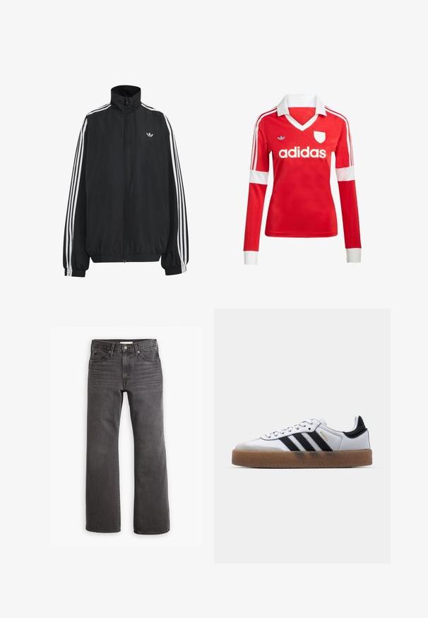 Must Adidas dressipluus valgete kolmekümnendate triipudega varrukatel, täispikk esilukk, elastsed varrukaservad ja väike trefoil logo rinnal.; Punane pikade varrukatega jalgpallipluus valge krae ja varrukateotstega. Omab kolme valget triipu õlgadel ja väljapaistvat "adidas" logo.; Hallid hallid teksad otse lõikega, viie tasku disainiga ja metallist detailidega. Sile tekstuur ja peened plekilised kohad ees.; Valged nahast tossud mustade triipudega, kummist välistald, ümmargune nina, seotud sulgemine ja pehme hall suede ninaosa.