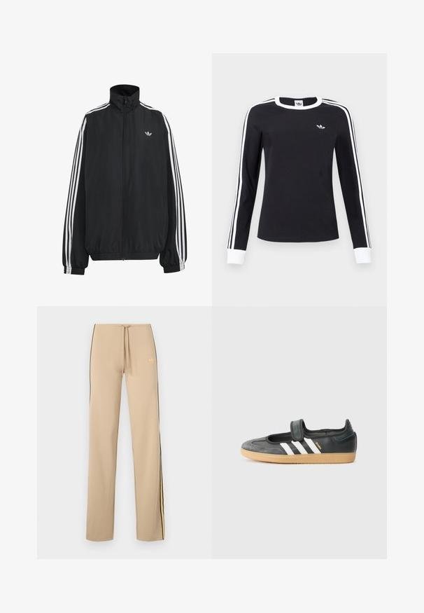 Μαύρο αθλητικό μπουφάν Adidas με λευκές τρεις ρίγες κατά μήκος των μανικιών, πλήρες φερμουάρ μπροστά, ελαστικά μανσέτες και μικρό λογότυπο trefoil στο στήθος.; Μαύρο μακρυμάνικο πουκάμισο με λευκό γιακά και μανσέτες, λευκές ρίγες κατά μήκος των μανικιών και μικρό λευκό λογότυπο της Adidas στο αριστερό στήθος.; Μπεζ φόρμα με μαύρες πλευρικές ρίγες και κίτρινες λεπτομέρειες. Διαθέτει ρυθμιζόμενο κορδόνι στη μέση και διακριτικό λογότυπο στην επάνω αριστερή πλευρά.; Μαύρο δερμάτινο και σουέντ αθλητικό παπούτσι με ιμάντα Velcro, χαρακτηρισμένο από τρεις λευκές ρίγες και καουτσούκ σόλα, με την ένδειξη "SAMBA" στο πλάι.