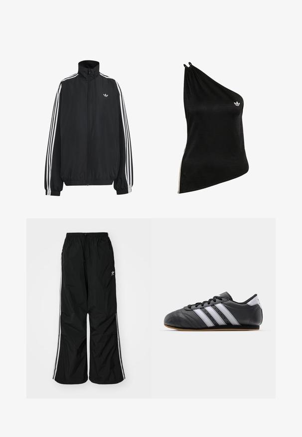 Must Adidas dressipluus valgete kolmekümnendate triipudega varrukatel, täispikk esilukk, elastsed varrukaservad ja väike trefoil logo rinnal.; Must ühekohaline topp, mis on valmistatud pehmest, siledast kangast ning millel on peen geomeetriline muster ja väike valge logo rinnal.; Mustade tuulekindlad püksid elastse vöökoha ja sisemise nööridega, valged külgmised triibud, vabalt langev lõige, väikese logoga vasakul küljel.; Must must harjukets, millel on valged triibud, ümmargune varvas, lame tall ja shoelace sulgemine. Omab perforatsioone hingavuse tagamiseks.