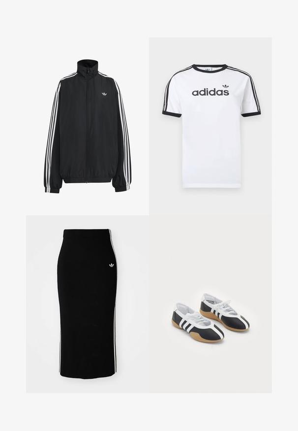 Sort Adidas træningsjakke med hvide tre striber langs ærmerne, fuld lynlås foran, elastiske manchetter og lille trefoil-logo på brystet.; Hvid bomulds-T-shirt med sorte detaljer, har rundt halsudskæring, korte ærmer, tre sorte striber på skuldrene og adidas-logo i sort.; Sort ribbet midi-nederdel med en tætsiddende design, der har hvide sidelister og et lille hvidt emblem på venstre side.; Sort-hvide sportsko med et slankt design, gummisål, snørebåndslukning og tre hvide striber på siden.
