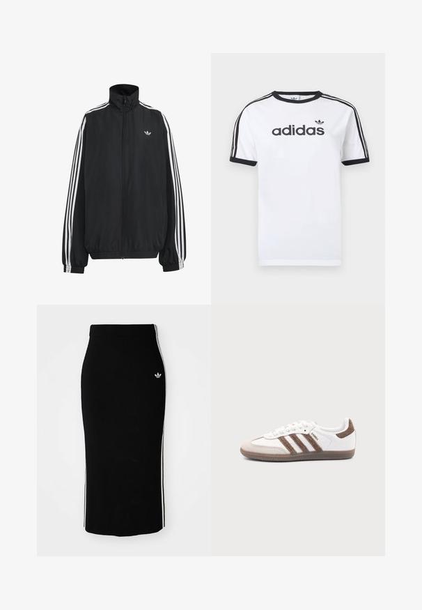 Čierna Adidas športová bunda s bielymi tromi pásikmi po celej dĺžke rukávov, so zipsom po celej prednej časti, elastickými manžetami a malým logom trefolo na hrudi.; Biele bavlnené tričko s čiernymi akcentmi, so zapínaním okolo krku, krátkymi rukávmi, tromi čiernymi pruhmi na ramenách a čiernym logom „adidas“.; Čierna rebrovaná midi sukňa s priliehajúcim strihom, s bielymi bočnými pruhmi a malým bielym emblémom na ľavej strane.; Biele tenisky Adidas Samba s hnedými semišovými pruhmi, hnedou gumovou podrážkou a béžovým semišovým špicom, zobrazené z vonkajšej strany na jednofarebnom pozadí.