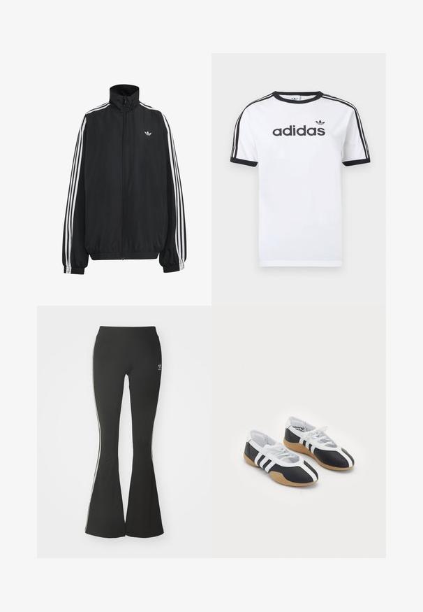 Schwarze Adidas Trainingsjacke mit weißen drei Streifen entlang der Ärmel, durchgehendem Frontreißverschluss, elastischen Bündchen und kleinem Trefoil-Logo auf der Brust.; Weißes Baumwoll-T-Shirt mit schwarzen Akzenten, verfügt über einen Rundhalsausschnitt, kurze Ärmel, drei schwarze Streifen auf den Schultern und das "adidas"-Logo in Schwarz.; Schwarze ausgestellte Leggings aus Stretchmaterial mit hohem Bund und weißen Seitenstreifen. Inklusive kleinem Logo am Bund.; Schwarz-weiße Sportschuhe mit einem eleganten Design, Gummisohle, Schnürverschluss und drei weißen Streifen an den Seiten.