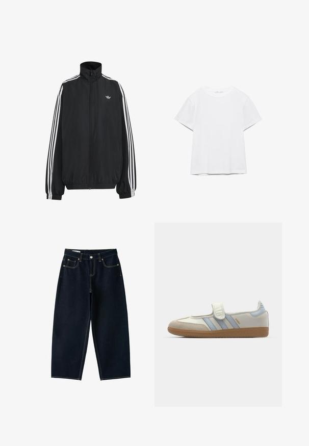Čierna Adidas športová bunda s bielymi tromi pásikmi po celej dĺžke rukávov, so zipsom po celej prednej časti, elastickými manžetami a malým logom trefolo na hrudi.; Jednoduché biele tričko s krátkym rukávom a okrúhlym výstrihom, s rovnými lemami, zobrazené na bielom pozadí.; Tmavomodré široké rifle s vysokým pásom, predným gombíkom, zipsom a piatimi vreckami s viditeľným šitím.; adidas Originals SAMBA JANE BALLERINA - Balerínky s remienkom okolo členku - cloud white/halo blue