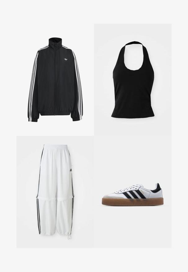 Sort Adidas træningsjakke med hvide tre striber langs ærmerne, fuld lynlås foran, elastiske manchetter og lille trefoil-logo på brystet.; Sort halterneck top lavet af blød stof, med en scoop halsudskæring og en tætsiddende silhuet, med en glat tekstur og uden synlige mønstre.; Hvide sportbukser med en afslappet pasform, elastisk talje og sorte sidelæg. Har lynlåslommer og elastiske afslutninger ved anklerne.; Hvide lædersneakers med sorte striber, gummirubber sål, rund tå, snørelukning og blød grå ruskinds tåhætte.