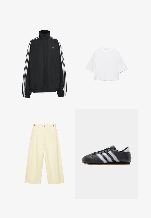Veste de survêtement Adidas noire avec trois bandes blanches le long des manches, fermeture éclair frontale complète, poignets élastiques et petit logo trèfle sur la poitrine.; T-shirt blanc à manches courtes, coupe carrée, en coton doux. Présente un col rond et des manches larges, avec un design épuré et simple.; Pantalon large et court couleur beige clair avec fermeture à boutons et passants pour ceinture, en tissu lisse.; Baskets de sport en cuir noir avec des rayures blanches, bout rond, semelle plate et fermeture à lacets. Comprend des perforations pour la respirabilité.