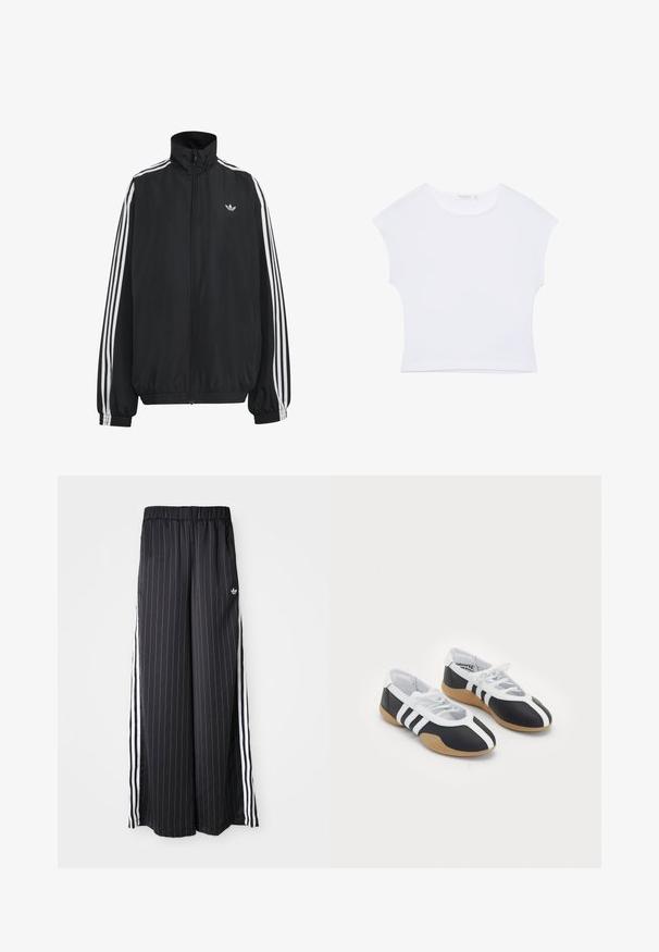 Čierna Adidas športová bunda s bielymi tromi pásikmi po celej dĺžke rukávov, so zipsom po celej prednej časti, elastickými manžetami a malým logom trefolo na hrudi.; Biele krátke tričko s krátkym rukávom a okrúhlym výstrihom, vyrobené z hladkej látky, položené na bielom pozadí.; Čierne široké nohavice s vertikálnymi bielymi pruhmi, elastický pás a tri biele pruhy po stranách. Logo Adidas vpredu.; Čierne a biele športové topánky s elegantným dizajnom, gumovou podrážkou, šnurovaním a tromi bielymi prúžkami na bokoch.