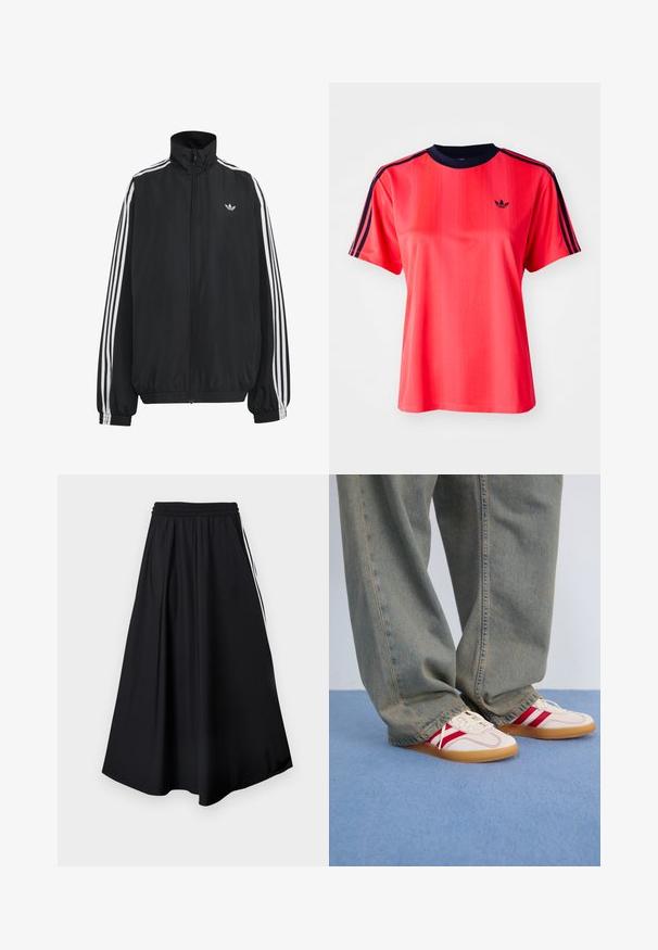 Čierna Adidas športová bunda s bielymi tromi pásikmi po celej dĺžke rukávov, so zipsom po celej prednej časti, elastickými manžetami a malým logom trefolo na hrudi.; Červené športové tričko s krátkymi rukávmi, s vertikálnymi pruhmi, námorníckym okrúhlym výstrihom a malým čiernym logom na prednej strane.; Čierne nohavice s širokými nohavicami, elastickým pásom a bielymi bočnými pruhmi, zobrazené na jednoduchom bielom pozadí.; Biele tenisky s červenými pruhmi, textúrovaný plátený zvršok, zaoblená špička, plochá gumená podrážka, skombinované s voľnými, vyblednutými modrými džínsami.
