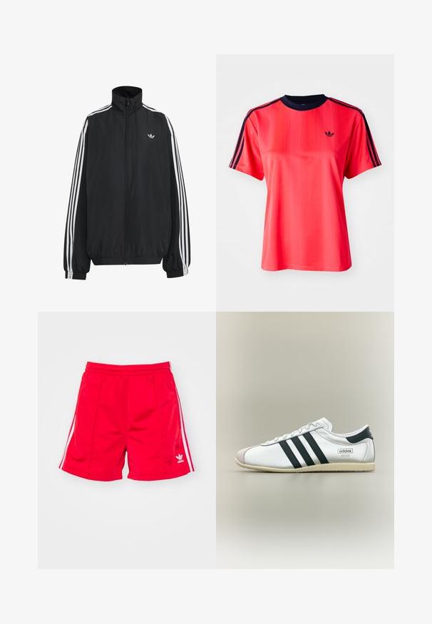 Sort Adidas træningsjakke med hvide tre striber langs ærmerne, fuld lynlås foran, elastiske manchetter og lille trefoil-logo på brystet.; Rød sports t-shirt med korte ærmer, der har lodrette striber, en marineblå rund hals og et lille sort logo på forsiden.; Røde sports shorts med elastisk talje, der har hvide sideløbninger og et broderet logo nederst til venstre. Glat tekstur.; Hvid Adidas Paris sneaker med sorte striber, beige sål og ruskindstipp, vist fra siden på en neutral baggrund.