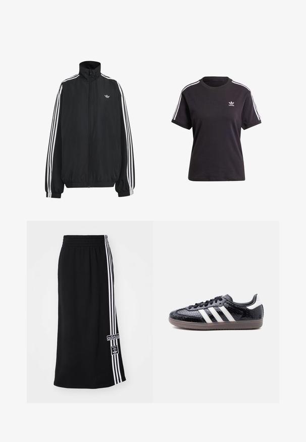 Zwarte Adidas trainingsjas met witte drie strepen langs de mouwen, een rits over de hele voorkant, elastische manchetten en een klein trefoil-logo op de borst.; Zwart katoenen t-shirt met korte mouwen en ronde hals, met witte strepen op de schouders en een klein wit Adidas-logo op de borst.; Zwarte sportrok met een elastische tailleband, voorzien van drie witte strepen aan de zijkant en een Adidas logo patch. Gladde stoftextuur.; Zwarte sneaker met een laag profiel, met een gestructureerd slangenhuidpatroon, witte strepen aan de zijkant, zwarte veters en een doorschijnende bruine zool.