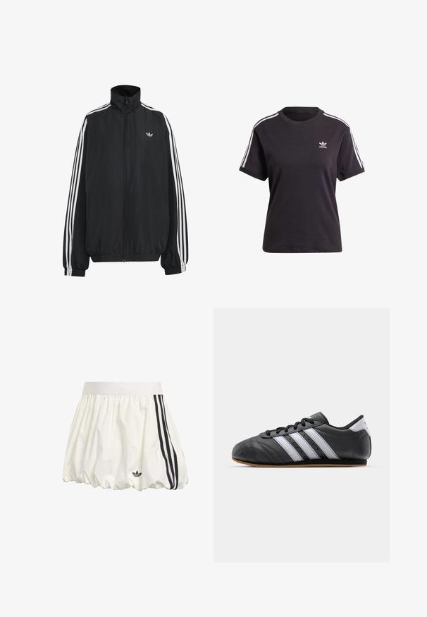 Melna Adidas sporta jaka ar baltām trim svītrām gar piedurknēm, pilnas garuma rāvējslēdzēju priekšpusē, elastīgiem aprocēm un nelielu trejlapu logo uz krūtīm.; Melna kokvilnas t-krekls ar īsām piedurknēm un apaļu kakla izgriezumu, ar baltām svītrām uz pleciem un mazu baltu Adidas logo uz krūtīm.; Balta sporta svārki no viegla auduma, ar platu jostasvietu, apjomīgu formu un trim melnām svītrām sānos.; Melnas ādas sporta kurpes ar baltām svītrām, apaļa purngala forma, plakanā zole un auklu aizdare. Iekļautas perforācijas, lai nodrošinātu gaisa cirkulāciju.