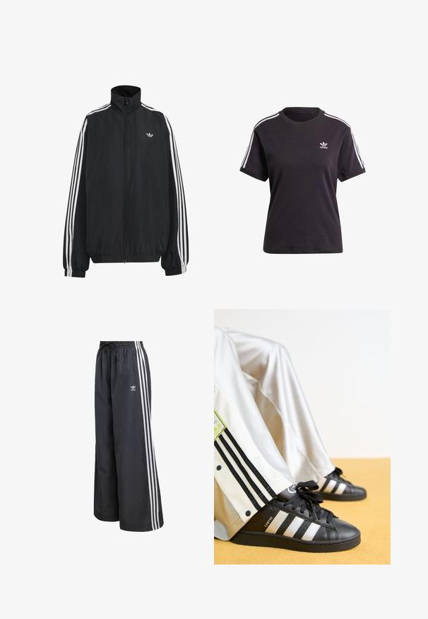 Čierna Adidas športová bunda s bielymi tromi pásikmi po celej dĺžke rukávov, so zipsom po celej prednej časti, elastickými manžetami a malým logom trefolo na hrudi.; Čierne bavlnené tričko s krátkym rukávom a okrúhlym výstrihom, s bielymi pruhmi na ramienkach a malým bielym logom Adidas na hrudi.; Čierne športové nohavice z ľahkého materiálu, s tromi bielymi vertikálnymi pruhmi a elastickým pásom so sťahovacou šnúrkou.; Čierne tenisky Adidas Campus so zlatými pruhmi a čiernymi šnúrkami, spárované s bielymi teplákmi so čiernymi pruhmi a logom.