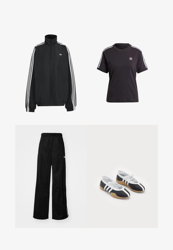 Zwarte Adidas trainingsjas met witte drie strepen langs de mouwen, een rits over de hele voorkant, elastische manchetten en een klein trefoil-logo op de borst.; Zwart katoenen t-shirt met korte mouwen en ronde hals, met witte strepen op de schouders en een klein wit Adidas-logo op de borst.; Zwarte wijde trainingsbroek met een elastische tailleband, voorzien van witte zijkanten en een klein logo op de linker heup. Stevige stoftextuur.; Zwart-witte sport schoenen met een slank ontwerp, rubberen zool, vetersluiting en drie witte strepen aan de zijkanten.