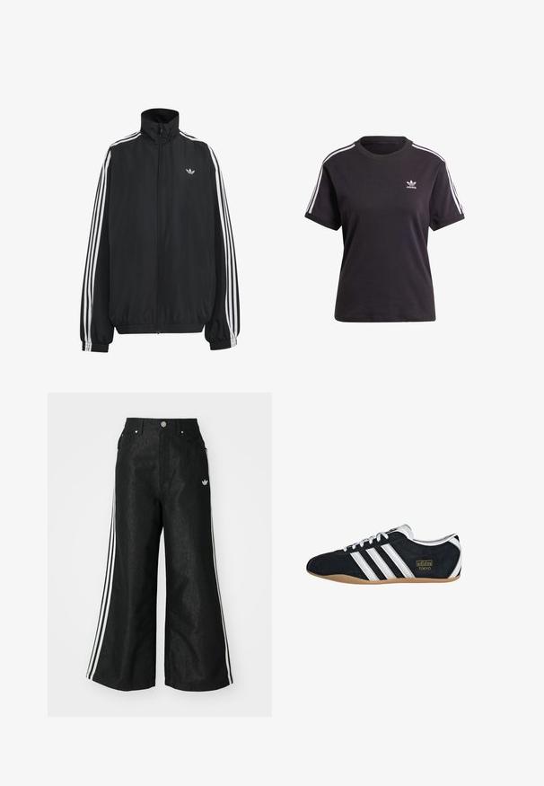 Must Adidas dressipluus valgete kolmekümnendate triipudega varrukatel, täispikk esilukk, elastsed varrukaservad ja väike trefoil logo rinnal.; Must kõrge kaelusega must puuvillane T-särk lühikeste varrukatega, millel on valged triibud õlgadel ja väike valge Adidas'i logo rinna peal.; Mustad mustadeline denimipüksid, millel on kummalgi küljel kolm valget triipu ja väike valge logo. Omab esikotte ja nööbiga kinnihoidmist.; Must musta tennisjalanikesed valgete kolme triibuga, kuldse logo ja pruuni kummitaldiga. Omab madalat sidumise disaini.