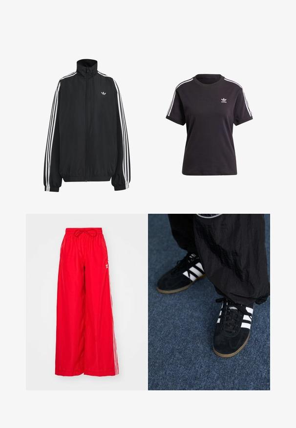 Schwarze Adidas Trainingsjacke mit weißen drei Streifen entlang der Ärmel, durchgehendem Frontreißverschluss, elastischen Bündchen und kleinem Trefoil-Logo auf der Brust.; Schwarzes Baumwoll-T-Shirt mit kurzen Ärmeln und Rundhalsausschnitt, mit weißen Streifen auf den Schultern und einem kleinen weißen Adidas-Logo auf der Brust.; Rote weit geschnittene Hose aus leichtem Stoff, mit weißen Seitenstreifen und einem elastischen Bund mit Kordelzug.; Schwarze Wildleder-Sportschuhe mit drei weißen Streifen und schwarzen Schnürsenkeln. Eine strukturierte schwarze Hose ist teilweise neben den Schuhen sichtbar.