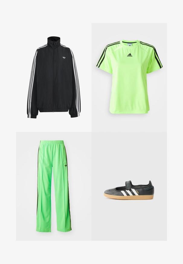 Sort Adidas træningsjakke med hvide tre striber langs ærmerne, fuld lynlås foran, elastiske manchetter og lille trefoil-logo på brystet.; Neon grøn atletisk t-shirt lavet af svedtransporterende stof. Har et sort tre-stripes design på skuldrene og logoet centreret på brystet.; Grønne atletiske bukser lavet af glat, let materiale, med sorte sidestriber og et broderet logo på fronten.; Sort læder- og ruskinds sneakers med en Velcro-rem, der har tre hvide striber og en gummisål, mærket "SAMBA" på siden.