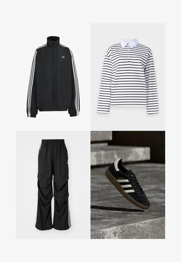 Veste de survêtement Adidas noire avec trois bandes blanches le long des manches, fermeture éclair frontale complète, poignets élastiques et petit logo trèfle sur la poitrine.; Chemise polo à manches longues blanches avec des rayures horizontales noires, un col classique et un plastron à deux boutons. Tissu en coton lisse.; Pantalons noirs amples avec une taille élastique, cordon de serrage et rayures blanches sur les côtés ; fabriqués en tissu léger avec une texture lisse.; Baskets Adidas noires avec des bandes blanches et une semelle en gomme flottant au-dessus d'escaliers en béton gris sous une lumière naturelle.