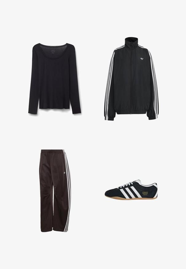 Chaqueta deportiva negra de Adidas con tres franjas blancas a lo largo de las mangas, cremallera frontal completa, puños elásticos y pequeño logo de trébol en el pecho.; Camisa negra ligera de algodón con mangas largas y cuello redondo, talla pequeña, extendida sobre fondo blanco.; Pantalones de chándal Adidas negros con tres rayas blancas a los lados, cintura elástica, bolsillo lateral con cremallera y logotipo de Adidas en la pierna izquierda.; Zapatillas de ante negro con tres franjas blancas, logotipo dorado y suela de goma marrón. Presentan un diseño de cordones de perfil bajo.