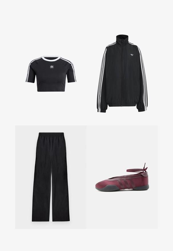 Sort Adidas træningsjakke med hvide tre striber langs ærmerne, fuld lynlås foran, elastiske manchetter og lille trefoil-logo på brystet.; Sort cropped t-shirt lavet af bomuld, med en ribbet hvid rund halsudskæring, korte raglanærmer og hvide side striber med et lille logo.; Sorte bukser med vide ben og elastik i taljen, lavet af letvægtsstof, vist fladt på en lys baggrund.; Burgunderfarvet balletsko med sort sål, elastiske ankelstropper bundet i sløjfe og syninger på siderne, vist fra ydersiden.