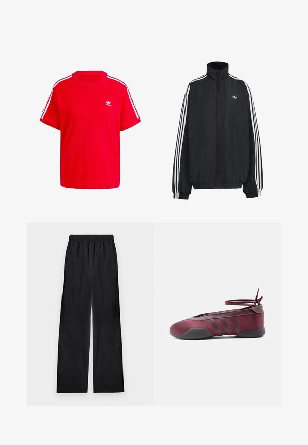 Veste de survêtement Adidas noire avec trois bandes blanches le long des manches, fermeture éclair frontale complète, poignets élastiques et petit logo trèfle sur la poitrine.; T-shirt en coton rouge avec un col rond, des manches courtes, des accents blancs à trois rayures sur les épaules et un petit logo blanc sur la poitrine.; Pantalon noir à jambes larges avec taille élastique, en tissu léger, présenté à plat sur un fond clair.; Ballerine bordeaux avec semelle noire, brides élastiques à la cheville nouées en nœud, et détails cousus sur les côtés, vue de l'extérieur.