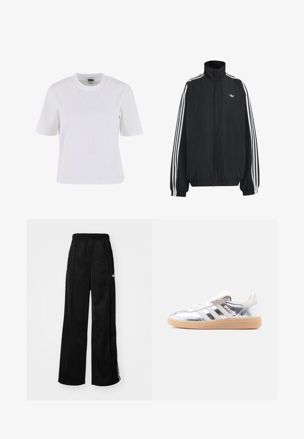 Chaqueta deportiva negra de Adidas con tres franjas blancas a lo largo de las mangas, cremallera frontal completa, puños elásticos y pequeño logo de trébol en el pecho.; Camiseta blanca de manga corta hecha de algodón, con cuello redondo, corte relajado y textura suave con detalles de costura mínimos.; Pantalones de chándal negros de pierna ancha con cinturilla elástica, que cuentan con rayas laterales blancas y un pequeño logo en la cadera izquierda. Textura de tela suave.; Zapatilla Adidas Spezial metálica plateada con rayas blancas y suela de goma, mostrada desde el lado izquierdo sobre un fondo blanco liso.
