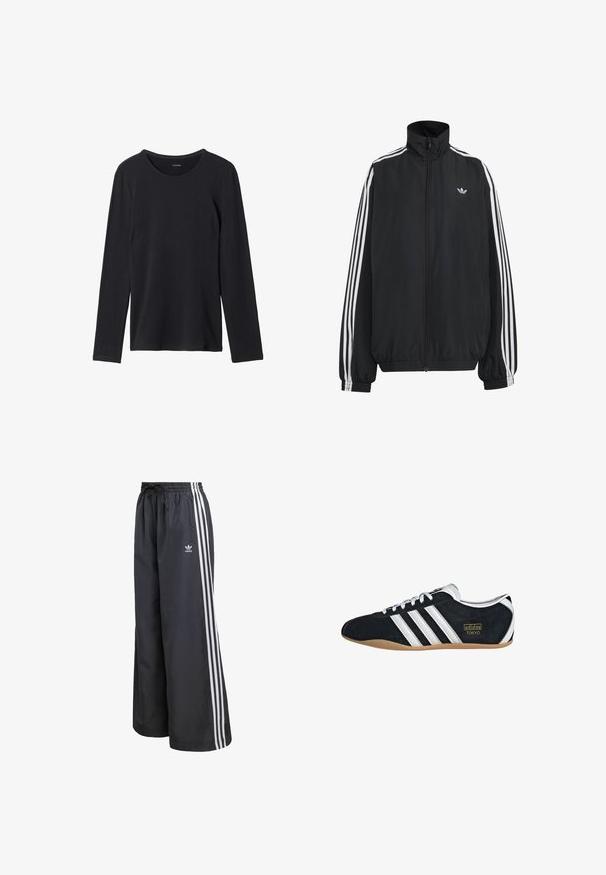 Veste de survêtement Adidas noire avec trois bandes blanches le long des manches, fermeture éclair frontale complète, poignets élastiques et petit logo trèfle sur la poitrine.; T-shirt noir à manches longues en tissu doux, avec un col rond, un design simple et sans motifs ni embellissements visibles.; Pantalon de sport noir en matière légère, avec trois bandes blanches verticales et une taille élastique munie d'un cordon de serrage.; Sneakers en suede noir avec trois bandes blanches, logo doré et semelle en caoutchouc marron. Présente un design à lacets à profil bas.