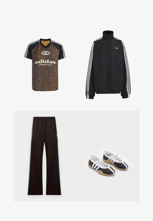 Schwarze Adidas Trainingsjacke mit weißen drei Streifen entlang der Ärmel, durchgehendem Frontreißverschluss, elastischen Bündchen und kleinem Trefoil-Logo auf der Brust.; adidas Originals LEO PRINT SATIN - T-Shirt print - multicolor bronze strata; Schwarze, weit geschnittene Trainingshose mit hellblauen Seitenstreifen, elastischem Bund, Reißverschlusstaschen und Adidas-Logo an der linken Hüfte.; Schwarz-weiße Sportschuhe mit einem eleganten Design, Gummisohle, Schnürverschluss und drei weißen Streifen an den Seiten.