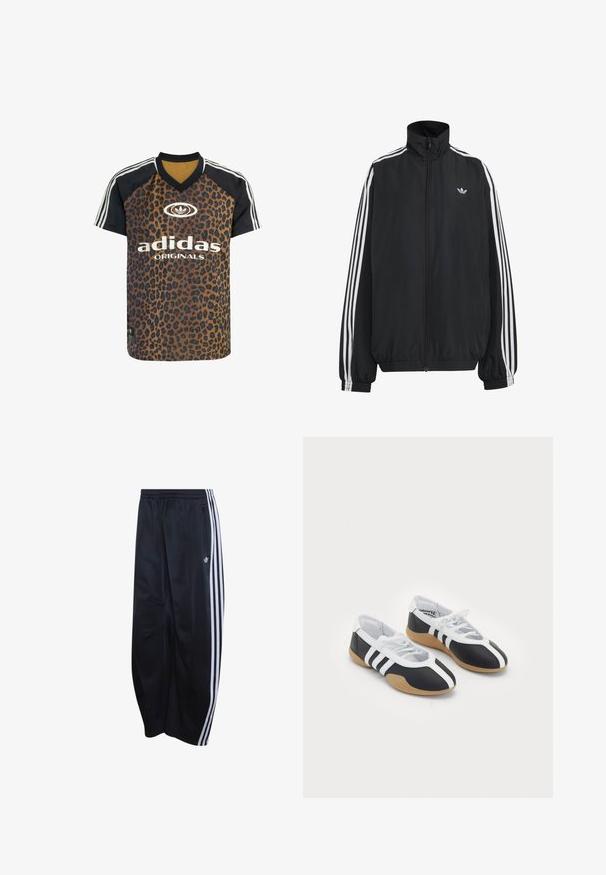 Veste de survêtement Adidas noire avec trois bandes blanches le long des manches, fermeture éclair frontale complète, poignets élastiques et petit logo trèfle sur la poitrine.; adidas Originals LEO PRINT SATIN - T-shirt imprimé - multicolor bronze strata; Pantalon de survêtement Adidas noir avec taille élastique, triples bandes blanches sur les côtés, poche zippée et logo sur la jambe gauche.; Baskets de sport noir et blanc au design élégant, semelle en caoutchouc, fermeture à lacets et trois rayures blanches sur les côtés.