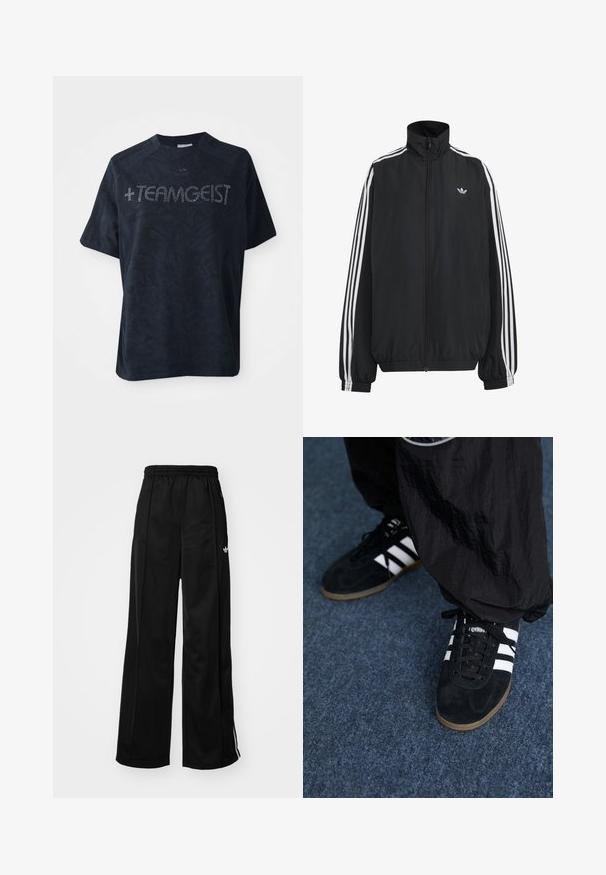 Must Adidas dressipluus valgete kolmekümnendate triipudega varrukatel, täispikk esilukk, elastsed varrukaservad ja väike trefoil logo rinnal.; Must dekiga t-särk pehmest kangast, millel on tekstuuriline muster ja mida kaunistavad sädelevad kivid, mis kirjutavad "+TEAMGEIST."; Mustad laiad spordipüksid elastse vöökohtaga, millel on valged külgtriibud ja väike logo vasakul puusal. Sile kangateksam.; Mustad nahast spordijalatsid kolme valge triibuga ja mustade kingapaeltega. Kingade kõrval on osaliselt nähtavad tekstureeritud mustad püksid.