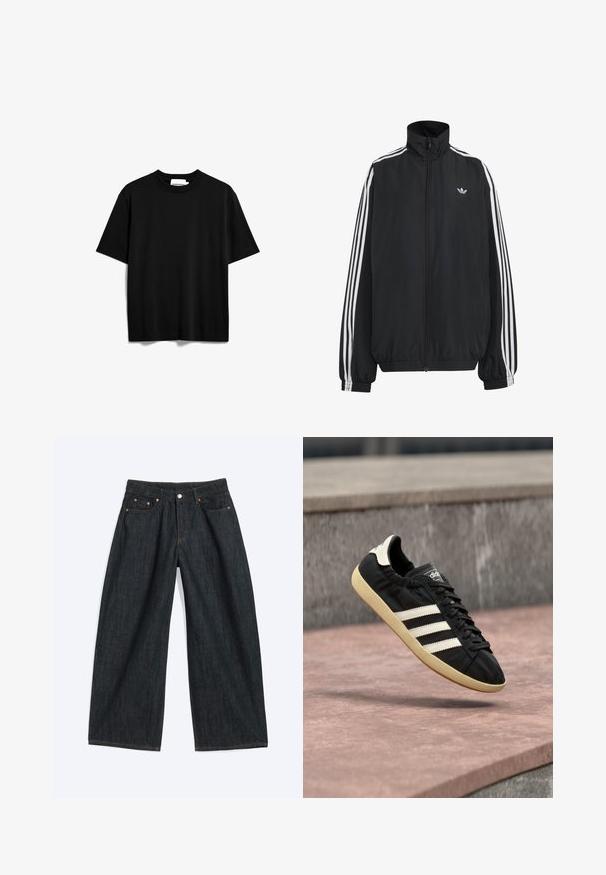 Chaqueta deportiva negra de Adidas con tres franjas blancas a lo largo de las mangas, cremallera frontal completa, puños elásticos y pequeño logo de trébol en el pecho.; Camiseta de manga corta negra hecha de algodón. Presenta un cuello redondo y un corte relajado con una textura suave y mate. Sin patrones o logotipos visibles.; Vaqueros de mezclilla azul oscuro de pierna ancha con botón delantero y diseño de cinco bolsillos, colocados planos sobre un fondo blanco.; Zapatilla negra Adidas con rayas blancas y suela beige, capturada en el aire sobre una superficie de piedra y con fondo de muro de piedra.