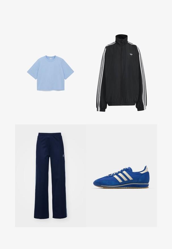 Veste de survêtement Adidas noire avec trois bandes blanches le long des manches, fermeture éclair frontale complète, poignets élastiques et petit logo trèfle sur la poitrine.; T-shirt surdimensionné bleu clair en coton doux, avec un col rond et des manches courtes, doté d'un ourlet droit.; Pantalons de survêtement en mélange de coton bleu marine avec un design à jambes larges, taille élastique et poches zippées, présentant des bandes latérales blanches et un détail de logo.; Baskets en suede bleu à profil bas, dotées de trois bandes blanches, d'un capuchon de chaussure texturé et d'une semelle en caoutchouc gum.